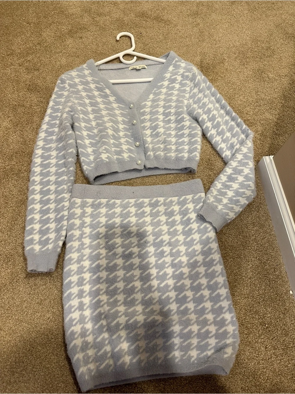 Light Blue & White Houndstooth Knit Skirt - Matching Set